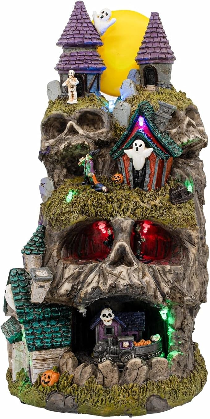 Skullstone Hollow Skull Theme Spooky Halloween Village Multi-Color LED Lights, Animated Motion and Music 7.75" x 7.5" x 13.5"-Ruum Studio Home