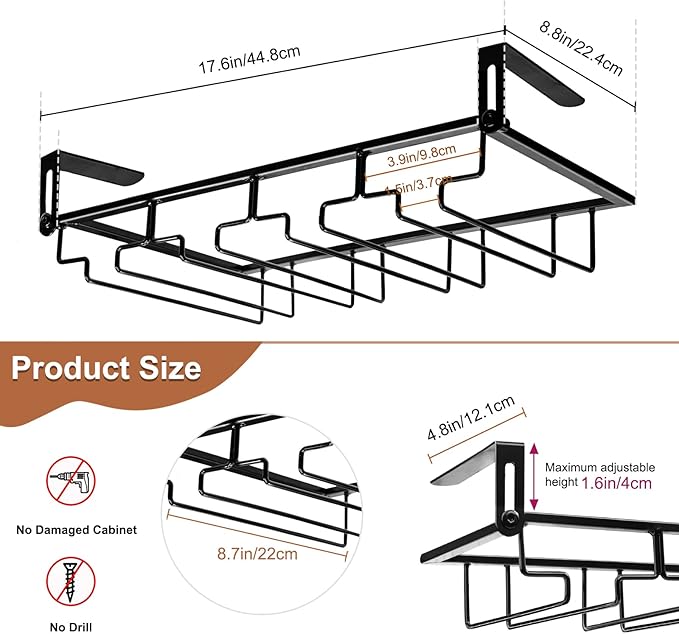 AUHOKY 2Pcs Adjustable Under Cabinet Stemware Metal Glass Holder, Hanging Wine Glass Storage Hanger Organizer for Shelf Kitchen Bar Decor(4 Rows, Black)-Ruum Studio Home