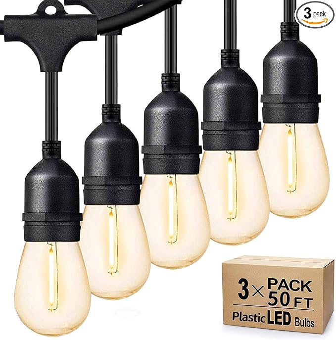 Svater Outdoor String Lights 150FT, E26 Socket, 48pcs S14 Shatterpoof Bulbs, 1 Watt Dimmable 2700K Warm White, IP65 Waterproof Commercial Grade Patio Lights（3 Pack X 50FT）-Ruum Studio Home