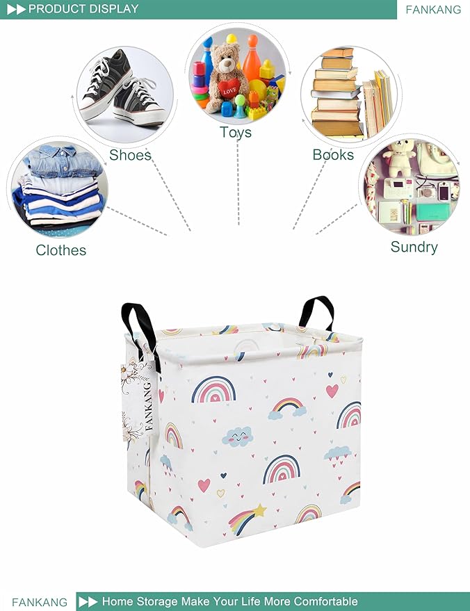 FANKANG Square Nursery Hamper Storage Bins Canvas Laundry Basket Foldable with Waterproof PE Coating Storage Baskets Gift Baskets for Children, Office, Bedroom, Clothes（Square-Love Rainbow ）-Ruum Studio Home