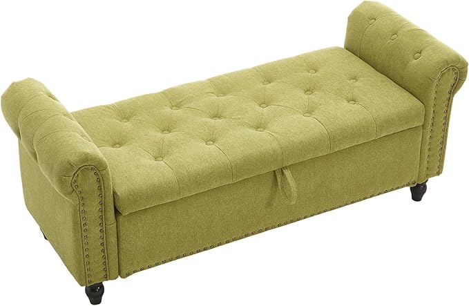 Furniliving 55” End of Bed Bench, Bedroom Bench with Button-Tufted, Large Upholstered Storage Ottoman Benches Entryway Bench with Storage Shoe Cabinet Bench, for Bedroom, Living Room, Linen, Green-Ruum Studio Home