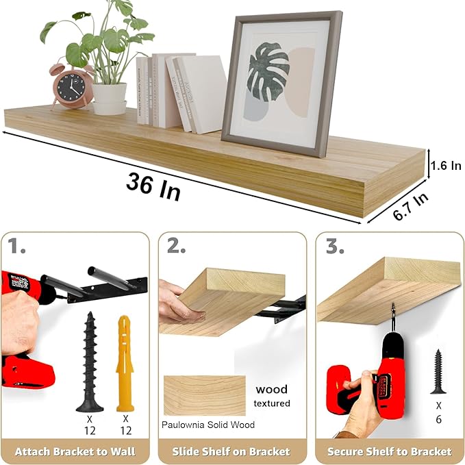 IAE Floating Wall Shelves 36 inch,Bathroom Shelves Wall Mounted,Invisible Shelves Floating Kitchen Shelves,Wooden Wall Shelves with Brackets for Living Room Wall Mounted,Easy Install,Set of 2,Natural-Ruum Studio Home