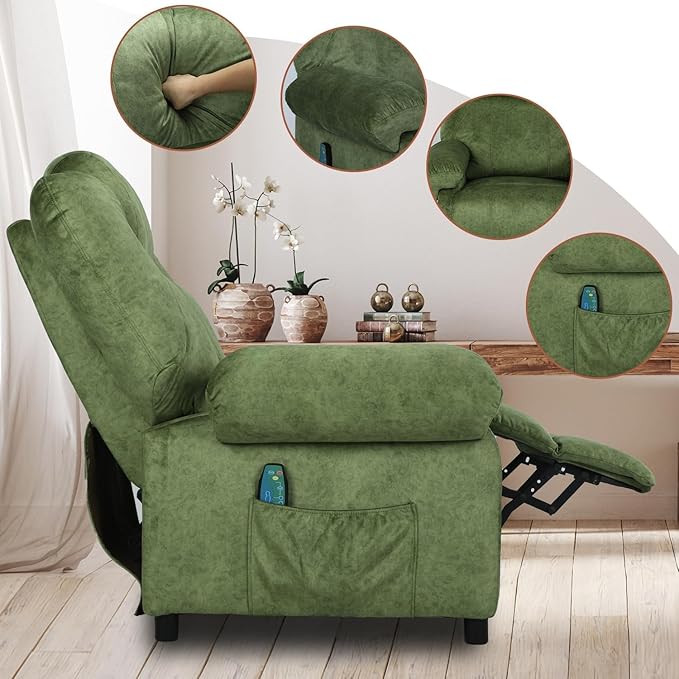KCREAM Green Massage Recliner Chair, Small Recliners for Small Spaces, Overstuffed Recliners Living Room Chairs for Adults Fabric Manual Recliner Chairs with Heating Single Sofa Chair-Ruum Studio Home