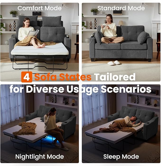 Pull Out Sofa Bed, Full Size Sleeper Sofa, 2-in-1 Convertible Corduroy Couch with USB Charging, Memory Form Couch for Living Room, Apartment and Small Space (Dark Grey, Corduroy - Full Size)-Ruum Studio Home