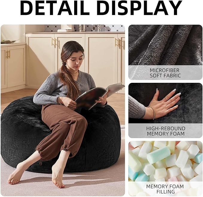 Bean Bag Chair 3Ft, Memory Foam Filled, Large Beanbag Chairs for Adults and Teens, Soft Sofa with Removable Flannel Cover, Round Couch for Living Room Bedroom College Dorm (Black, 3FT-36×36"×24")-Ruum Studio Home