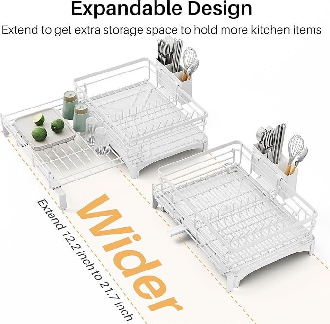 Dish Drying Rack - Extendable Dish Rack, Large Sink Drying Dish Drainer for Kitchen Counter, Stainless Steel Dish Strainer with Utensil Holder (White)-Ruum Studio Home