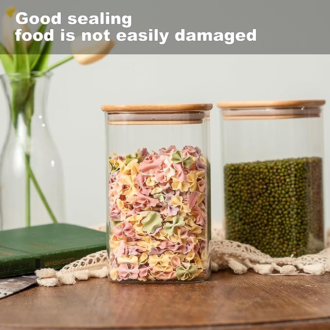 50oz Glass Food Storage Jars Set of 6,Glass Storage Containers Clear Glass Food Canister with Bamboo Lid Airtight For Serving Tea, Coffee, Flour, Sugar, Candy, Cookie, Spice and More (Square)-Ruum Studio Home