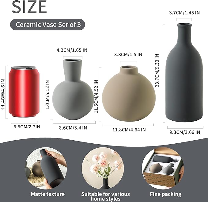 Ceramic Vase Set of 3 | Neutral Vases Home Decor | Modern Flower Pottery Vases Rustic Farmhouse Vase for Table Entryway Mantel Centerpiece Bookshelf Living Room Bathroom Bedroom -Multicolor Large-Ruum Studio Home