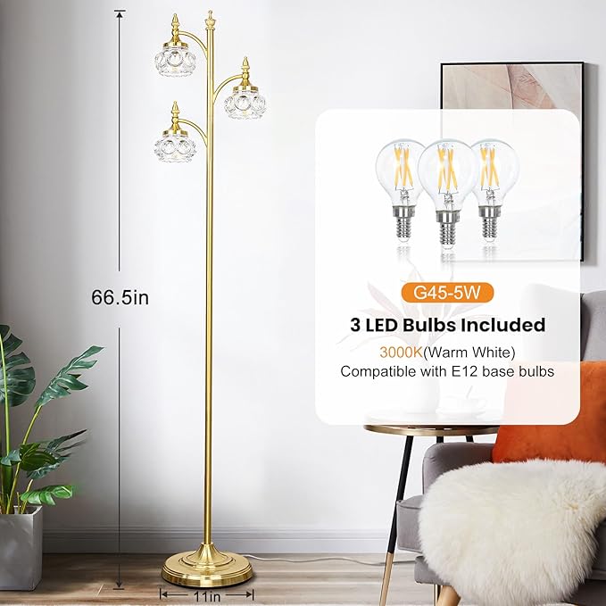 Gold Floor Lamp, Dimmable Tree Floor Lamps for Living Room Brass Tall Standing Lamp with 3 Rotatable Lights Glass Shade 66.5'' Modern Corner Lamp for Bedroom Office(3LED Bulbs Included)-Ruum Studio Home