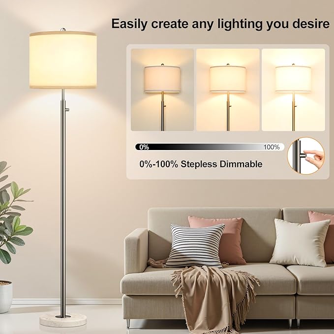 【Upgraded】 Dimmable Floor Lamp for Living Room, 11W LED Bulb Included, Modern Standing Lamp with Marble Base, Tall Pole Light with Linen Shade for Bedroom Reading Office Corner Nursery-Brushed Nickel-Ruum Studio Home