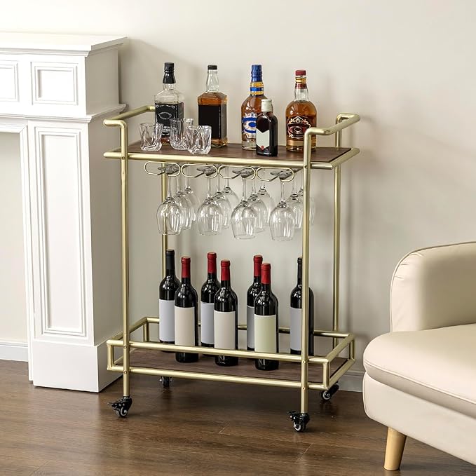 MyGift 2 Tier Rolling Bar Cart, Vintage Brass Tone Metal Cocktail and Wine Trolley with Burnt Wood Shelf Trays, Wine Glass Stemware Holder Rack and Lockable Wheels-Ruum Studio Home