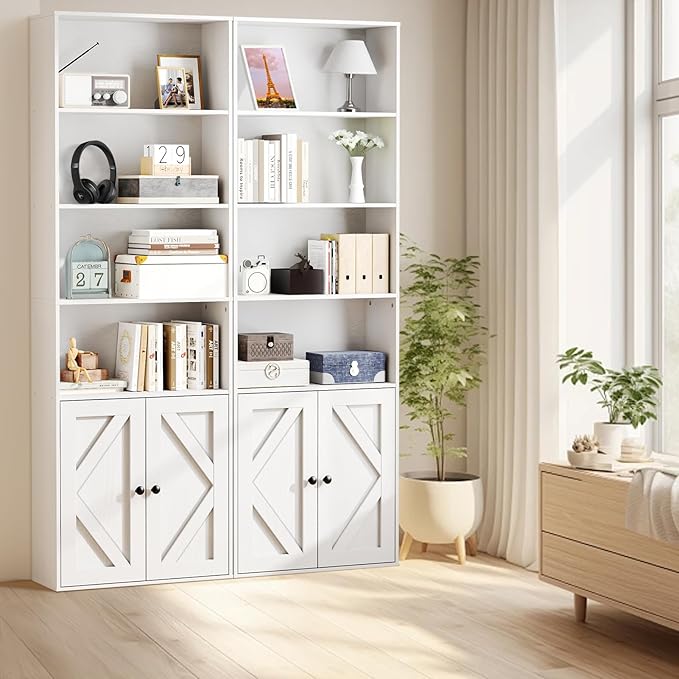 Tall White Bookcase with Doors – Wooden Bookshelf with Storage Cabinet & Shelves for Living Room, Bedroom, or Office-Ruum Studio Home