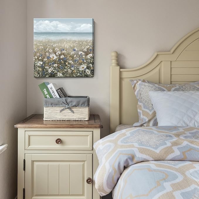 Canvas Wall Art Beach Floral Wall Picture Coastal Boho Farmhouse Daisy Flowers Nautical Sea Ocean Wildflowers Canvas Print Vintage Artwork for Small Rustic Bathroom Bedroom Living Room Office Décor-Ruum Studio Home