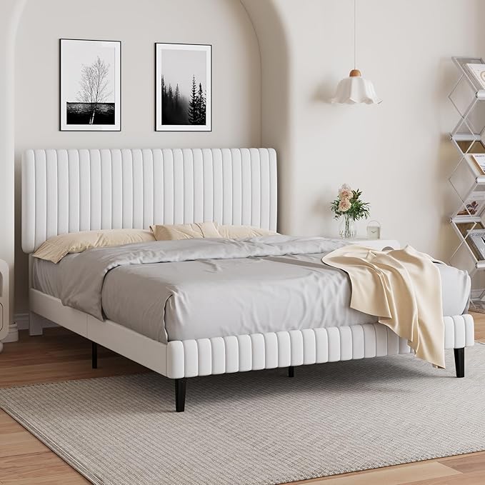 Queen Size Bed Frame with Headboard, Velvet Upholstered Platform Bed with Vertical Channel Tufted Design, No Box Spring Required, Easy Assembly, White-Ruum Studio Home