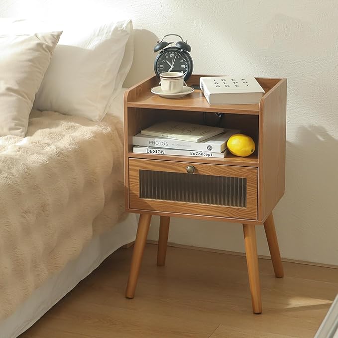 AWASEN Mid Century Nightstand with Charging Station, Modern Bedside Table with Glass Decorative Drawer, Small End Side Table with 2 Tiers Storage for Bedroom, Office and Small Space(Brown)-Ruum Studio Home