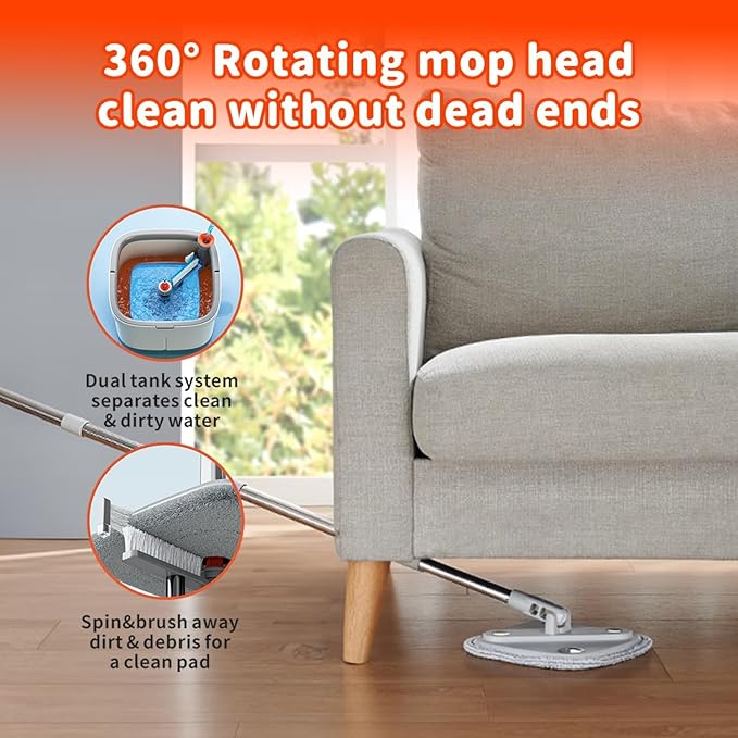 KZKR Spin Mop and Bucket Set with Self Separation Dirty and Clean Water System, Self Wringing 360° Rotating Square Mop Head for Home Floors Cleaning (1.0 Mop and Bucket Set (14 Pads))-Ruum Studio Home