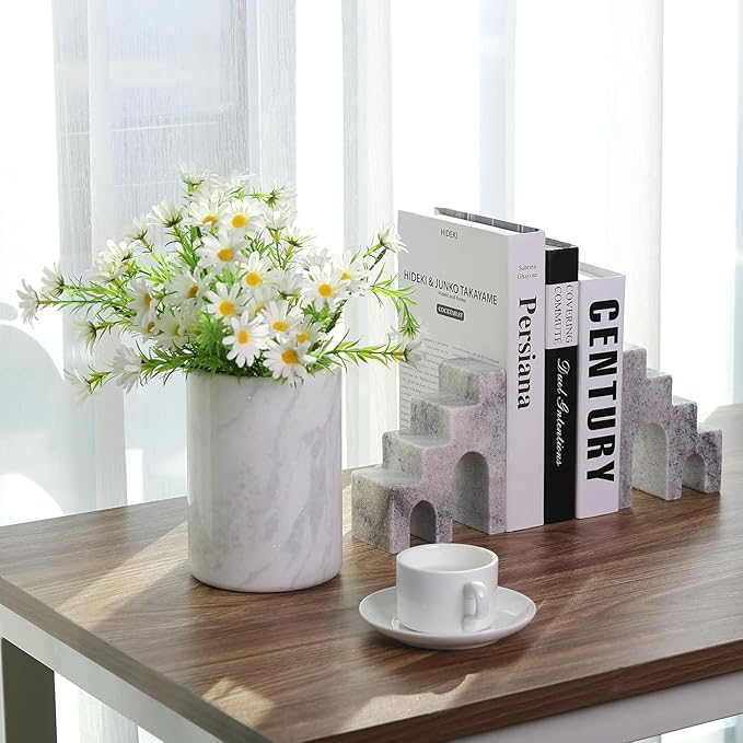 Natural Marble Book Ends for Shelves, Decorative Bookends for Heavy Books, CastleGuard Bookend Book Holder Stopper for Home Office Desk Bookshelf Decoration, Set of 2 (Mist Grey)-Ruum Studio Home