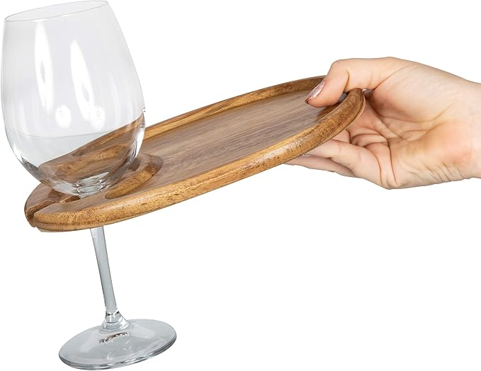 PICNIC TIME TOSCANA -Wine Appetizer Plates, Cocktail Plate with Glass Holder, Cheese Board with Wine Holder, (Acacia Wood), 9 x 6, Set of 4-Ruum Studio Home