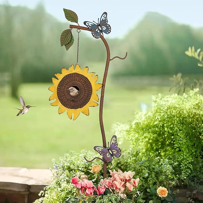 BAYN 57” Bird Houses Stake for Outside, Metal Wild Bird Feeder Birdhouse Stake Pole with Sunflower Design Outdoor Decorations for Patio, Backyard, Garden-Ruum Studio Home