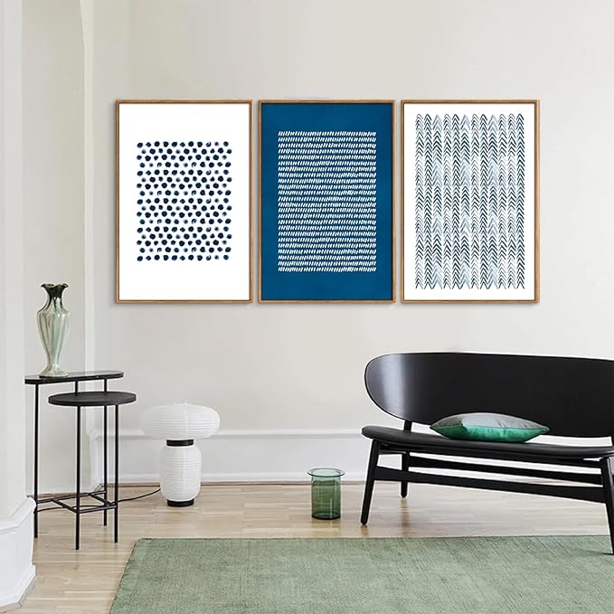 Tinonedraw Navy Blue White Framed Canvas Wall Art Set, Modern Geometric Dots Line Wall Decor, Neutral Abstract Shape Artwork, Cozy Contemporary Art Prints for Bedroom Living Room Office 16"x24"x3-Ruum Studio Home