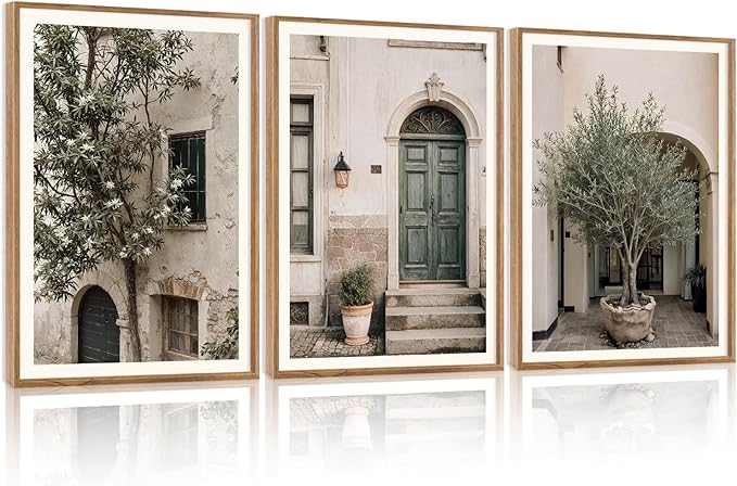HPNIUB Large Vintage Italy City Landscape Framed Canvas Wall Art Set, Olive Green Tree Country Wall Decor, Modern Minimalist Countryside Villages Picture for Living Room,Bedroom,Office-16 x24 x3-Ruum Studio Home