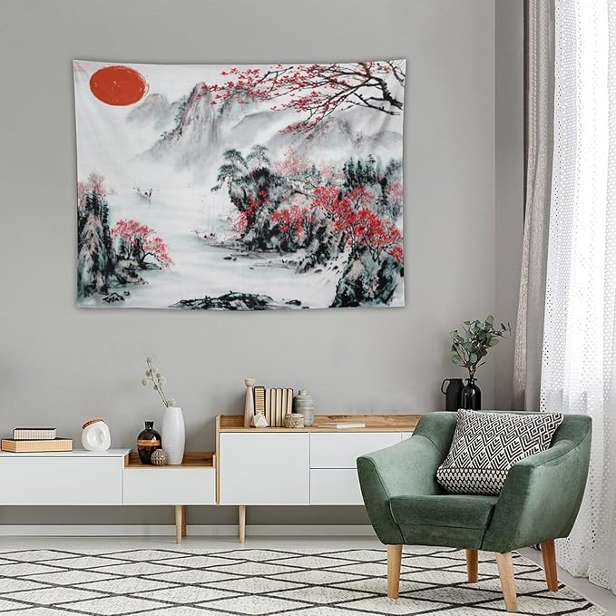 Cherry Blossoms Tapestry, Japanese Red Landscape Asian Watercolor Abstract Art, Bedroom Living Room Decor 40"x30"-Ruum Studio Home