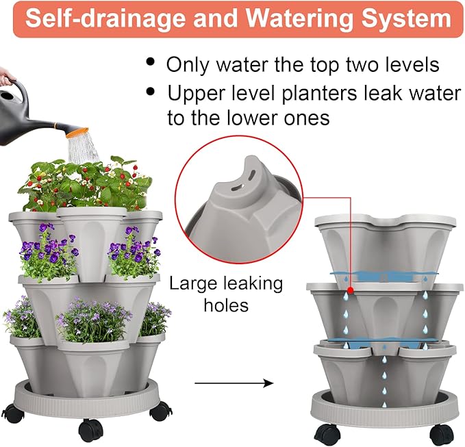 Vertical Planter 3 Tier Stackable Planters Garden Planters Strawberry Herb Flower and Vegetable Planter Indoor Outdoor Gardening Pots with Removable Wheels and Tools 2-Pack-Ruum Studio Home