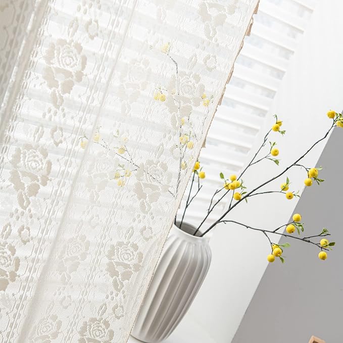 Sutuo Home Boho Kitchen Curtains Crochet Florals Embroidery, Bohemian Sheer Lace Curtains Handmade Knitted Tassels Vintage Chic Farmhouse Drape for Nursery Bedroom Rod Pocket 1 Panel 59" W x 63" L-Ruum Studio Home