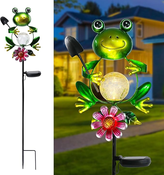 Afirst Solar Lights Outdoor Decorative Metal Frog Crackle Glass Globe Warm White LED Metal Waterproof Garden Stake Lights for Walkway Pathway Lawn Patio Yard Decorations-Ruum Studio Home
