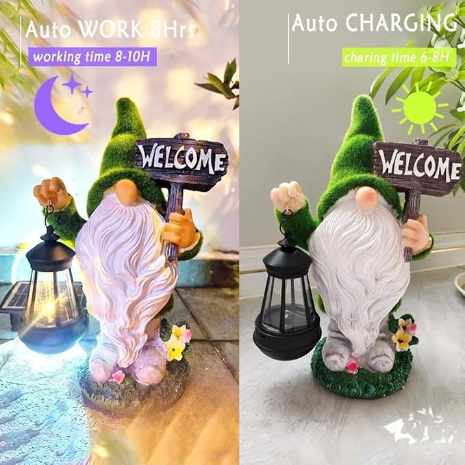 Solar Gnome Outdoor Garden Fall with Solar Lantern - 11’’Halloween Autumn Welcome Gnomes Decorations for Yard Patio (Green & White)-Ruum Studio Home