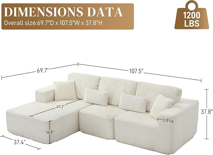 HYJT-H&K Modular Sectional Sofa Cloud Sectional Couch, 107" Comfy Fluffy L Shaped White Couches for Living Room, Deep Seat Memory Foam Plush Corduroy Boneless Couch Sectionals Left Facing Chaise Sofa-Ruum Studio Home