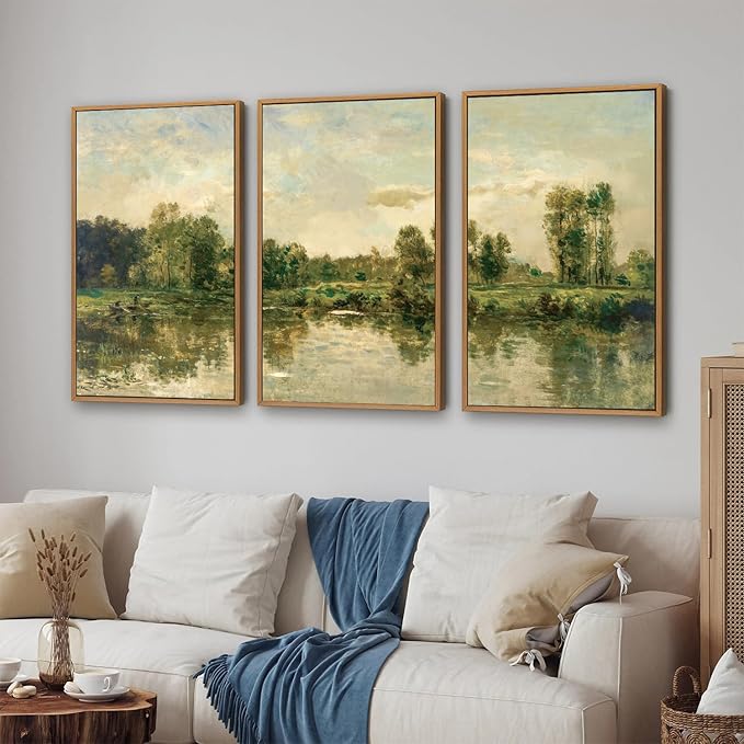 Tinonedraw Vintage Nature Framed Canvas Wall Art Set of 3, French Country Wall Decor, Olive Green Trees Art Paintings, Rustic Landscape Farmhouse Art Prints for Living Room Bedroom Office 24"x36"x3-Ruum Studio Home