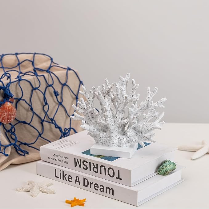 5.8" H White Coral Decor, Resin Coral Statue, Nautical Decorations for Home, Bedroom, Bathroom, Living Room, Beach/Coastal/Ocean Themed Cabinet Shelf Tabletop Decor-Ruum Studio Home