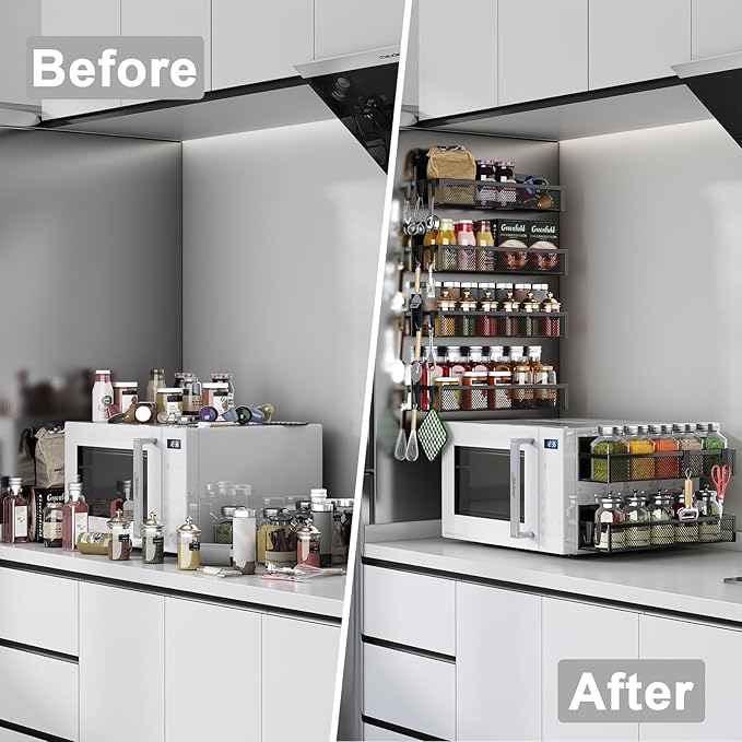 Magnetic Spice Rack for Refrigerator, 6 Pack Magnetic Shelf, Fridge Magnet Organizer with Moveable 12 Hooks, Magnetic Fridge Shelf for Kitchen Organization and Storage (6 Pack)-Ruum Studio Home