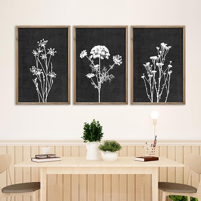 Flower Plant Wall Art Decor 24"x16" Set of 3 Black And White Botanical Painting Wood Framed For Minimalist Bedroom Office Rustic Living Room Abstract Wildflower Sign Hanging (Wood Black)-Ruum Studio Home