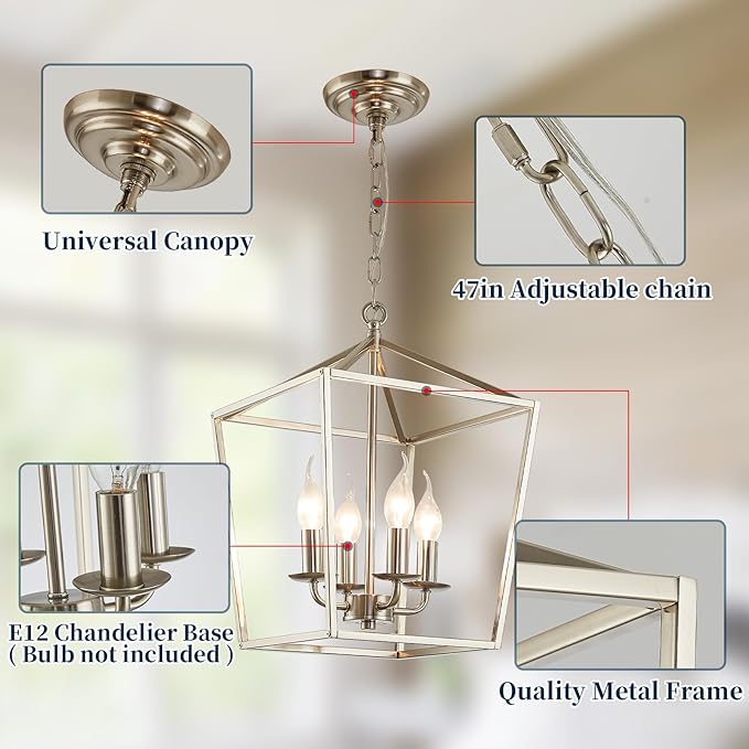 4-Light Brushed Nickel Farmhouse Chandelier, 12" Industrial Ceiling Light Lantern Pendant Light with Metal Cage Adjustable Height Rustic Hanging Light E12 Base for Kitchen Island Dining Room Entryway-Ruum Studio Home