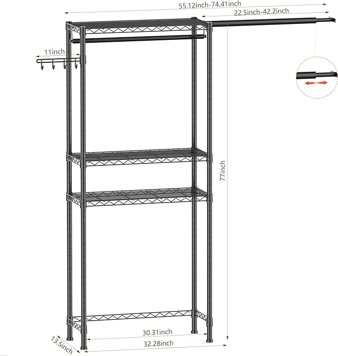 Over Washer and Dryer Shelves,3 Tier Adjustable Wire Shelving Laundry Room Storage Organization Clothes Drying Rack with Mounted on the Wall Expandable Hanger Rods&Hook,55"~74.5"Wx13.4"Dx77"H-Ruum Studio Home