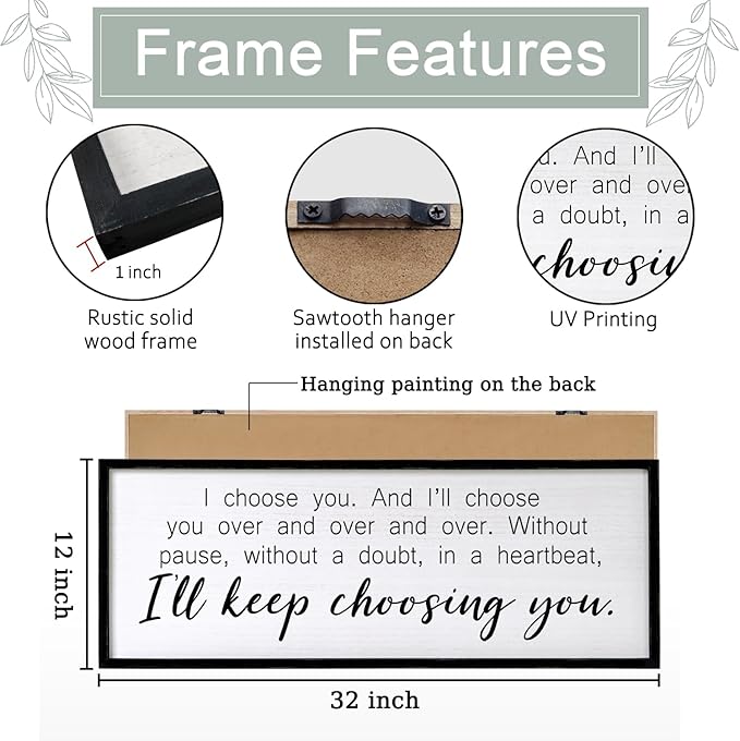 I Choose You Sign Wall Decor Art Above Bed 32X12 Inch I Love You Romantic Wood Framed for Master Bedroom Over Bed I'll Keep Choosing You Sign (Black)-Ruum Studio Home