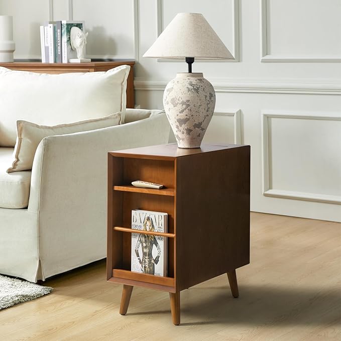 HULALA HOME End Table with Drawer and Charging Station, Modern End Table with USB Ports and Outlets, Wooden Side Table with Storage-Acorn-Ruum Studio Home