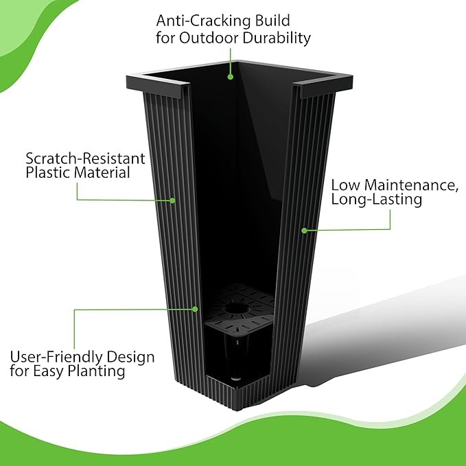 FENCY Set of 2 Tall Planters for Outdoor Plants, 24 Inch Large Tapered Pots with Drainage Trays, Weather-Resistant Plastic Plant Containers for Patio, Porch, Garden, Front Door Decor,Black,Striped-Ruum Studio Home