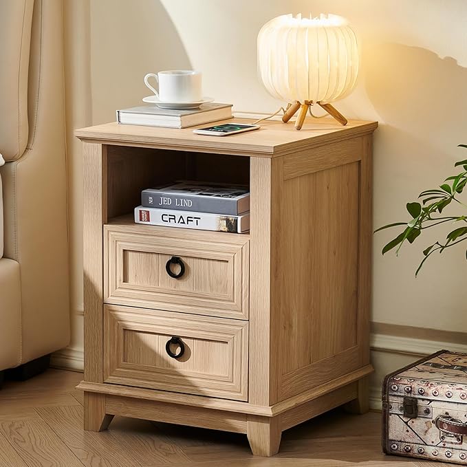 18" Farmhouse Night Stand with Charging Station, 2 Drawers Bedside End Table, Natural Wooden Nightstand, Bed Side Table Cabinet with Open Shelf for Bedroom Living Room Office-Ruum Studio Home