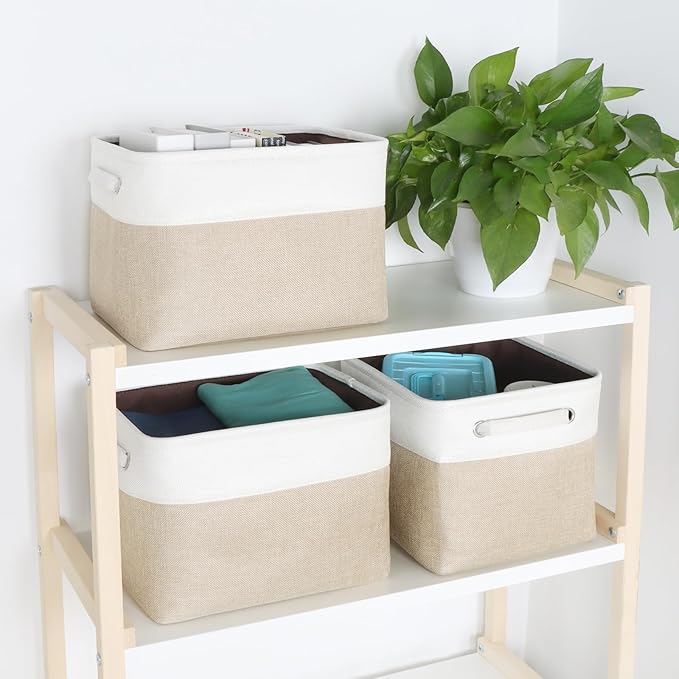 Kntiwiwo Foldable Storage Bin Collapsible Basket 12" x 10" x 9.5" Cube Storage Organizer Bins with Dual Carry Handles for Home Closet Shelves Drawers Organizer, Set of 3, Beige-Ruum Studio Home