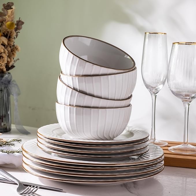 GBHOME Ceramic Dinnerware Sets,12 pcs Embossed Elegant Stoneware Plates and Bowls Sets, Housewarming Wedding Gift | Dishwasher & Microwave Safe | Dishes Set Service for 4-Ruum Studio Home