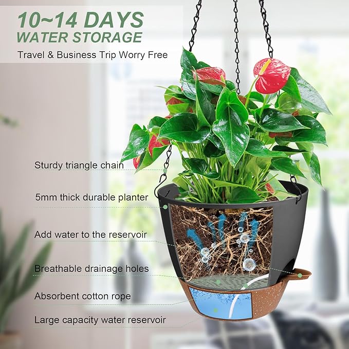 Hanging Planters for Indoor Outdoor Plants, 1 Set Self Watering Hanging Pot with Drainage Holes & Removable Tray (Black-12inch, 12'')-Ruum Studio Home