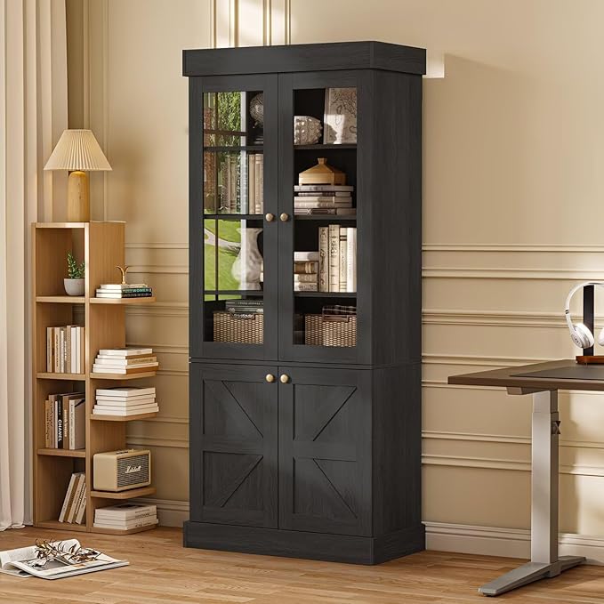 Vyre 71" Tall Farmhouse Bookshelves with Glass Doors, Large Modular Bookcase with Adjustable Shelves, Storage Cabinet for Living Room, Kitchen, Home Office, Black-Ruum Studio Home