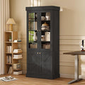 Vyre 71" Tall Farmhouse Bookshelves with Glass Doors, Large Modular Bookcase with Adjustable Shelves, Storage Cabinet for Living Room, Kitchen, Home Office, Black-Ruum Studio Home