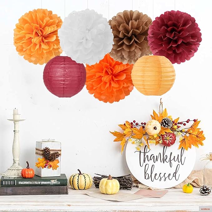 Brown Burgundy-Orange Party-Decorations Paper-Flowers Lanterns - 15PCS Fall Boho Tissue Pom Poms Streamers,Baby Bridal Shower Rustic Wedding Neutral Birthday Coffee Halloween ThanksgivingDecor Hugfond-Ruum Studio Home