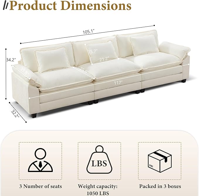 URRED Modular Sectional Sofa Comfy Cloud Couch, Modern Chenille Sofa Sleeper Deep Seat Couches with Ottoman/Pillows for Living Room (White, 117'')-Ruum Studio Home