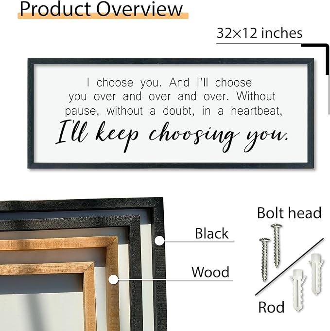 comurdyo I'll Keep Choosing You Sign 32"X12" for Master Bedroom Above Bed Wall Decor I Choose You Large Wood Framed Wall Hanging Art (Black)-Ruum Studio Home