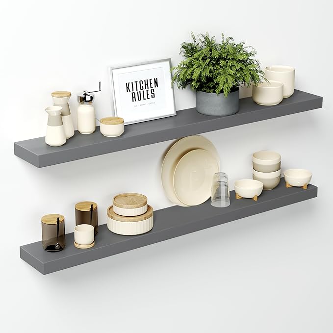 Homeforia Gray Floating Shelf 48 inch, High End Solid Real Wood 48inch Floating Shelves for Wall Mounted, Grey Wooden 48 inches Long Floating Shelves, Heavy Duty Bracket, 48 X 6.5 X 1.75 in, Set of 2-Ruum Studio Home